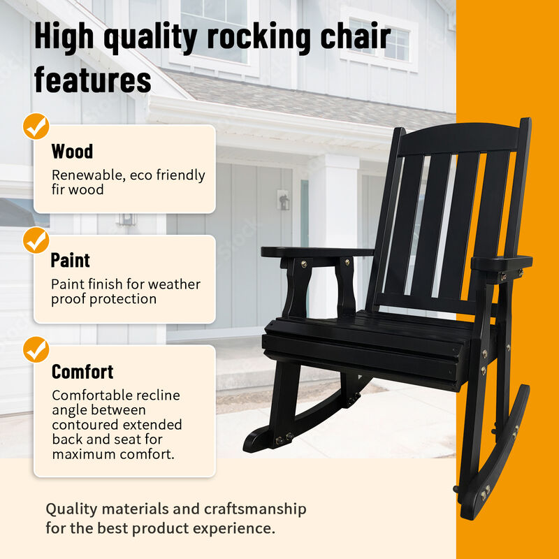 Wooden Rocking Chair with Comfortable Backrest Inclination, High Backrest and Deep Contoured Seat, Solid Fir Wood, Heavy Duty 600 LBS, for Both Outdoor and Indoor, Backyard, Porch and Patio Black