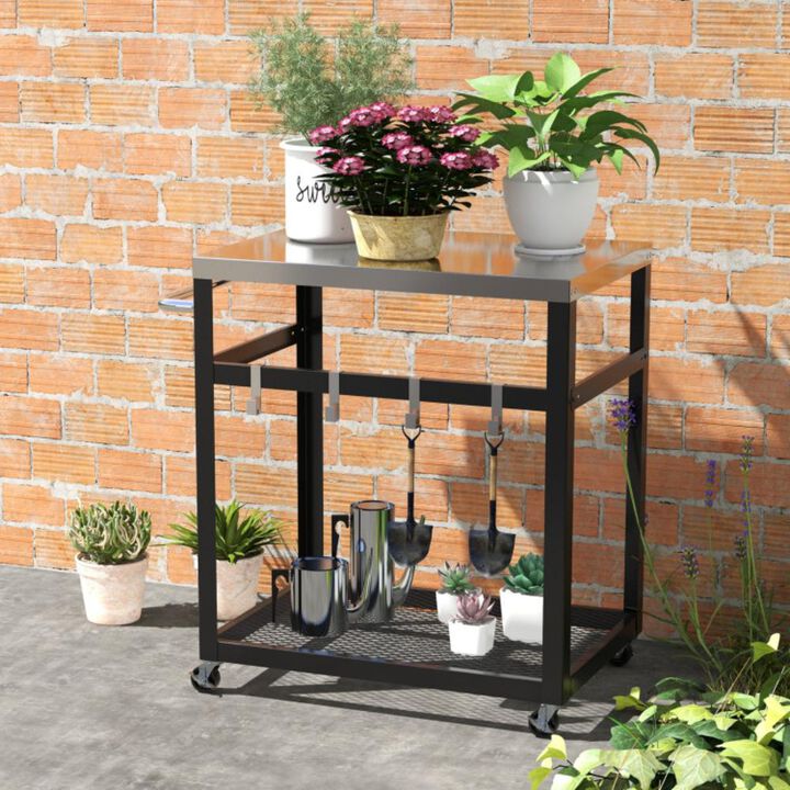 Hivvago 2-Tier Stainless Steel Grill Cart with 4 Hooks and Wheels BBQ Table
