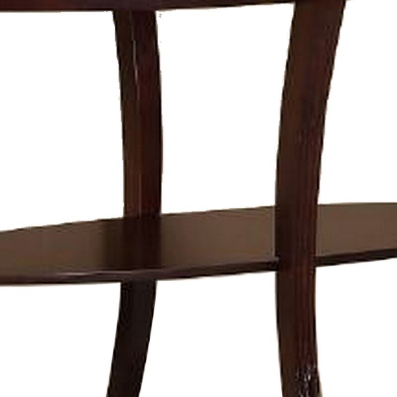 Lyn 51 Inch Console Table with Oval Glass Top and Lower Shelf, Brown Wood - Benzara