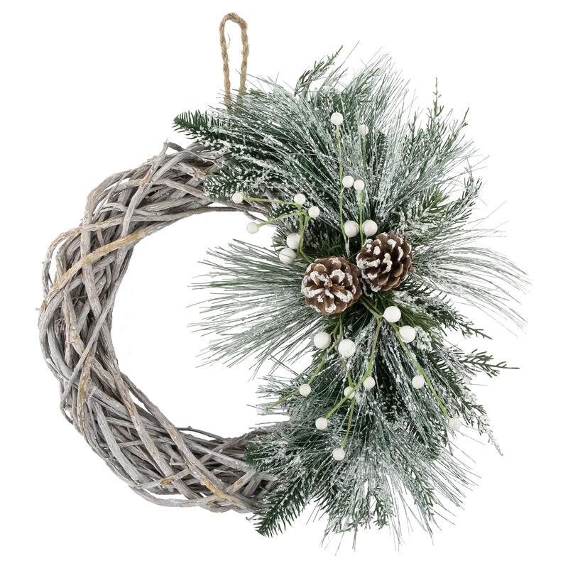 Frosted Pine Cone and Foliage Artificial Christmas Twig Wreath  15 Inch  Unlit