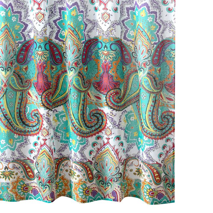 Vana 72 Inch Shower Curtain, Microfiber Fabric, Blue and Red Paisleys Print-Benzara