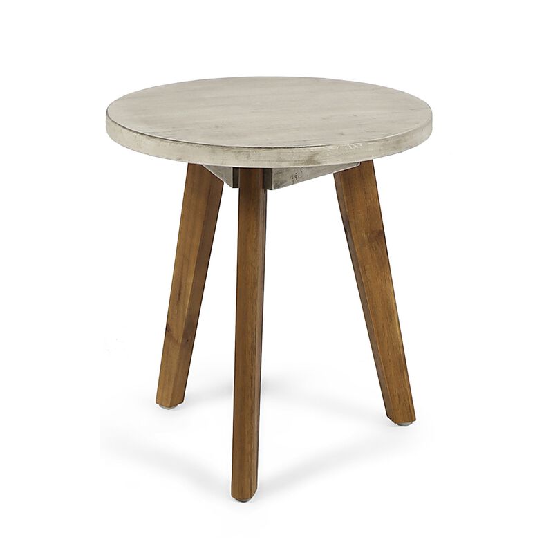 Ina Side End Table, Angled Legs, 16 Inch Round Gray Top, Acacia Wood - Benzara