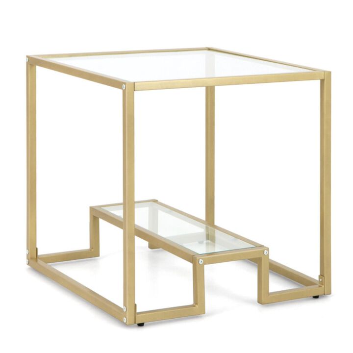 Hivvago 22 Inch 2-Tier Square Sofa Side Table with Tempered Glass Tabletop