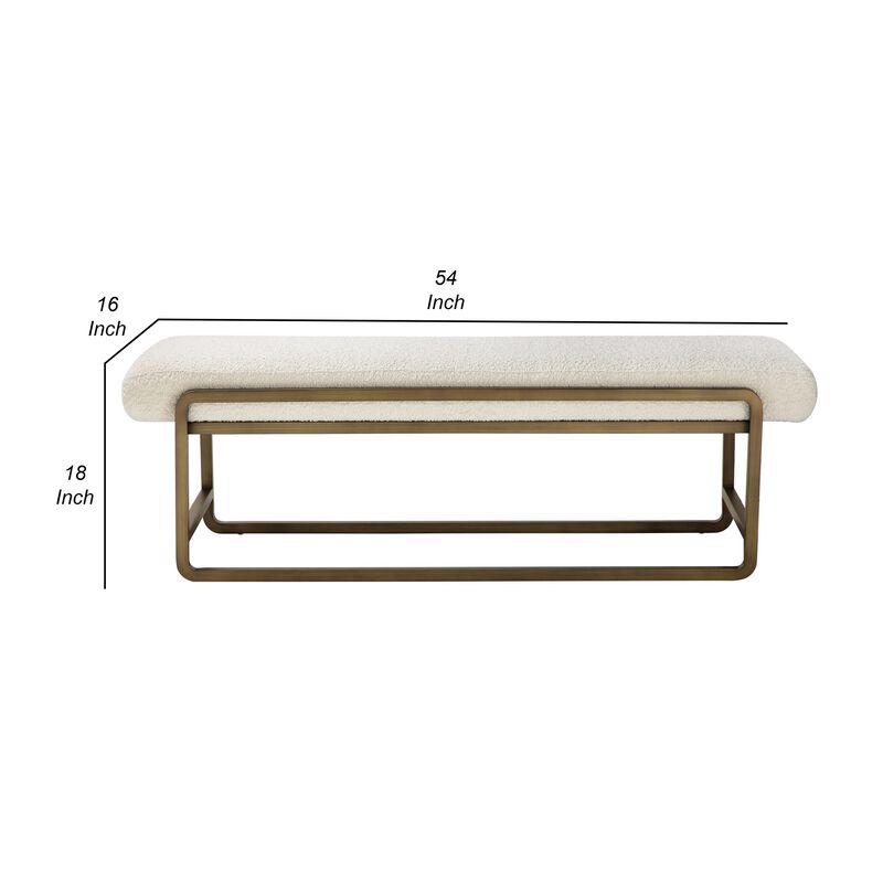 Loer 54 Inch Modern Accent Bench, Ivory Boucle Upholstery, Sled Brass Legs - Benzara