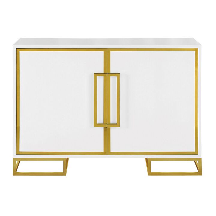 48 Inch Wood Accent Cabinet with 2 Doors and Square Open Base, White, Gold-Benzara