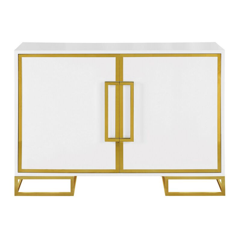 48 Inch Wood Accent Cabinet with 2 Doors and Square Open Base, White, Gold-Benzara