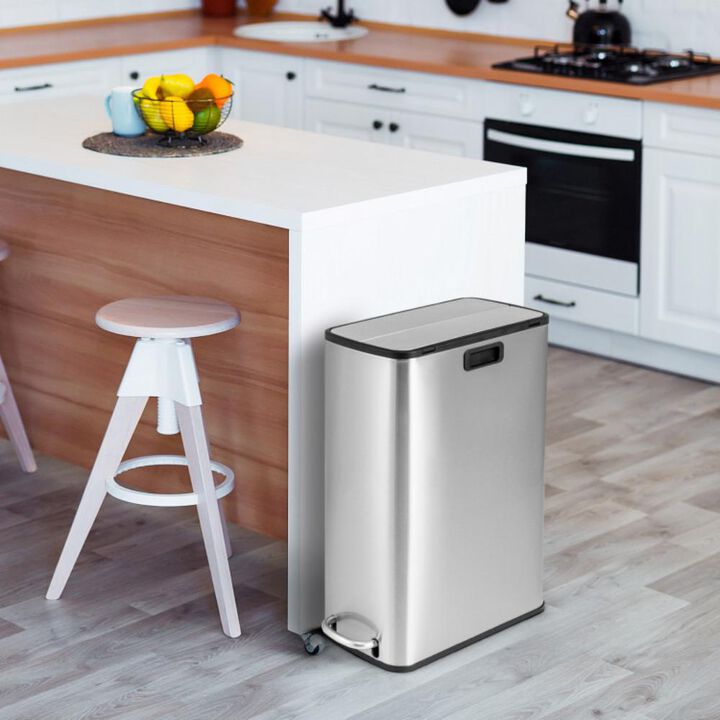 Hivvago 12 Gal Stainless Steel Trash Can with Soft-Closing Wing Lids-Silver