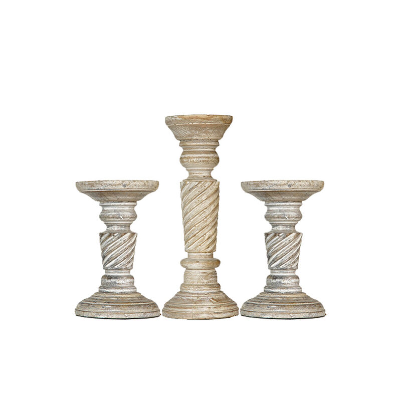 Traditional Antique White Eco-friendly Handmade Mango Wood Set Of Three 6",9" & 6" Pillar Candle Holder BBH Homes