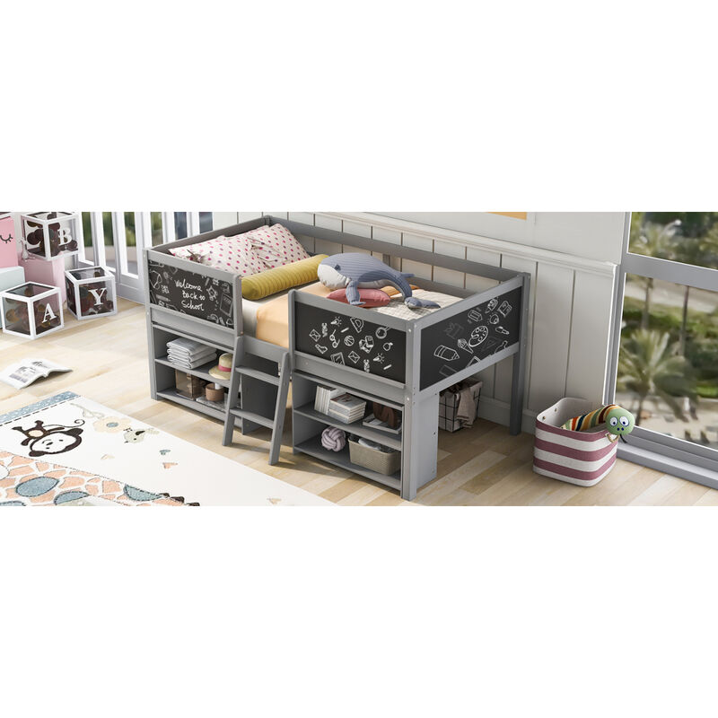 Twin Size Low Loft Bed With Two Movable Shelves And Ladder, With Decorative Guardrail Chalkboard