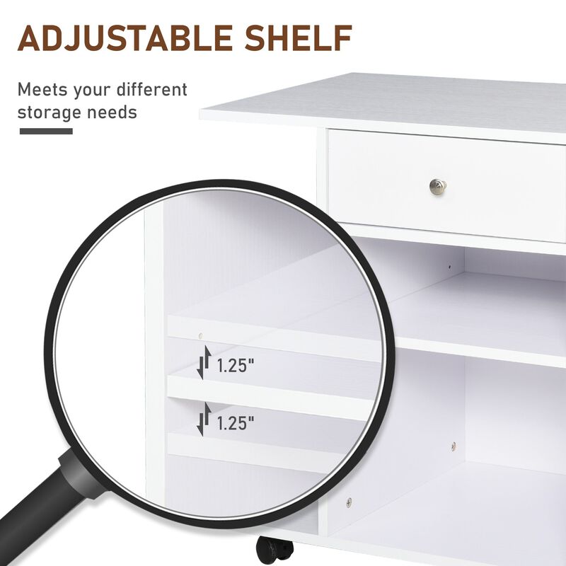 White Printer Station: Rolling Stand with Adjustable Shelf and Drawer