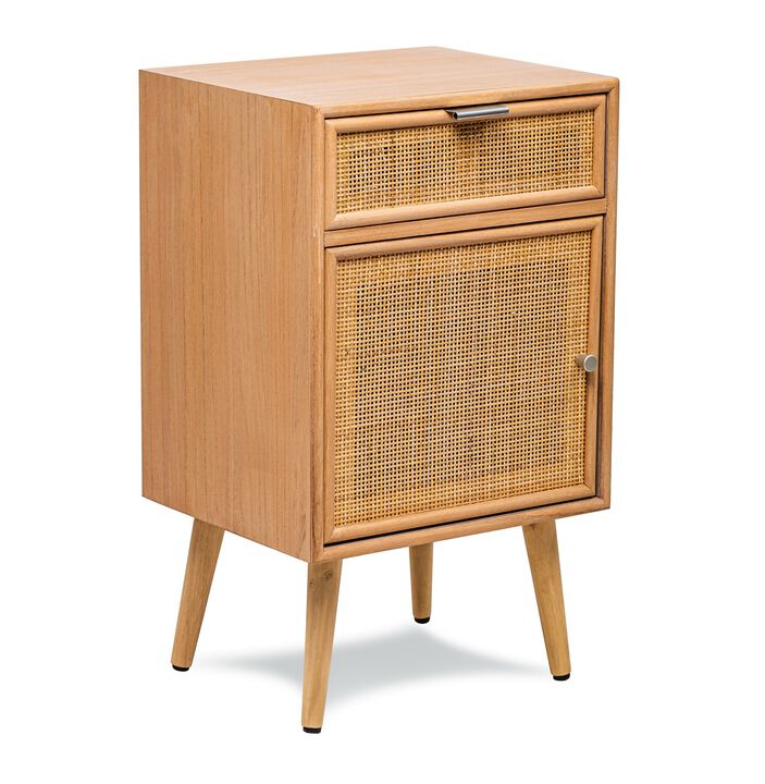 Scandinavian Bedside Table in Wood with Rattan Drawer