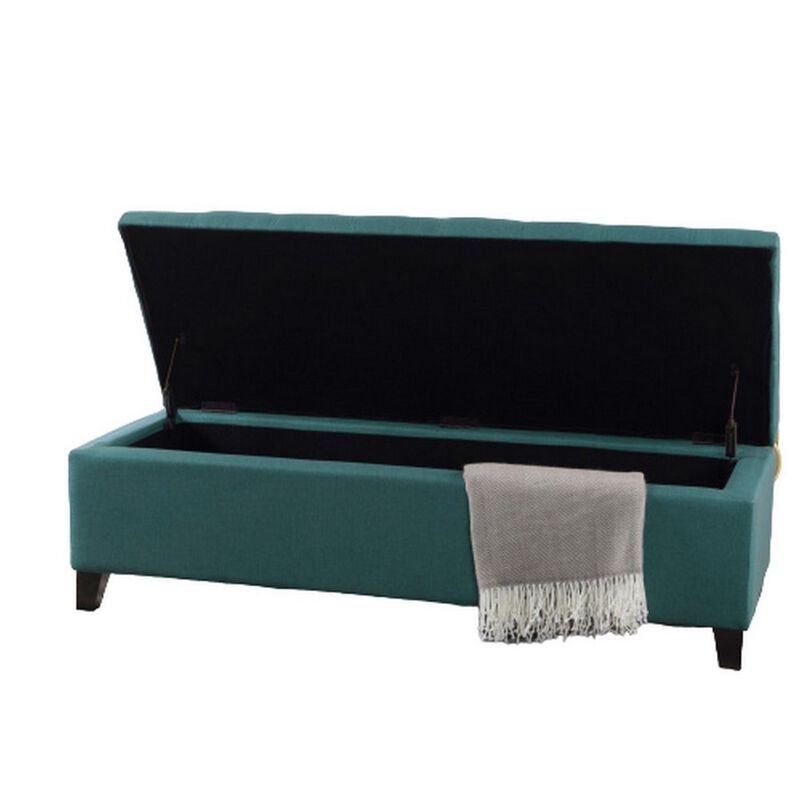 Nira Storage Ottoman Bench, Button Tufted Teal Blue Fabric, 51 Inch -Benzara