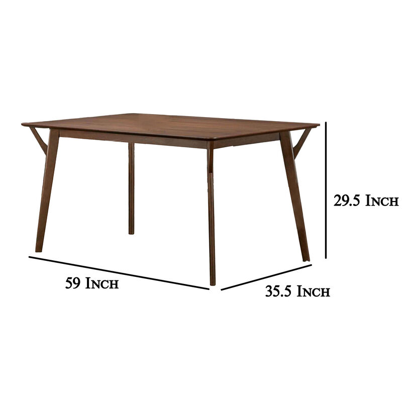 Skie Dining Table, 59 Inch Rectangular Top, Angled Legs, Brown Solid Wood