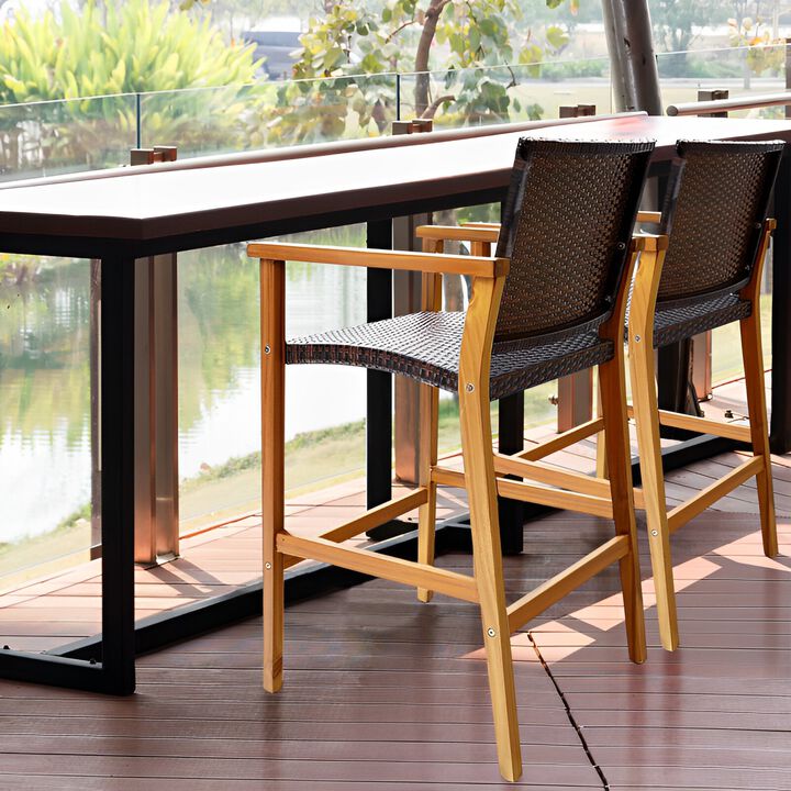 Set of 2 PE Wicker Patio Bar Chairs with Acacia Wood Armrests