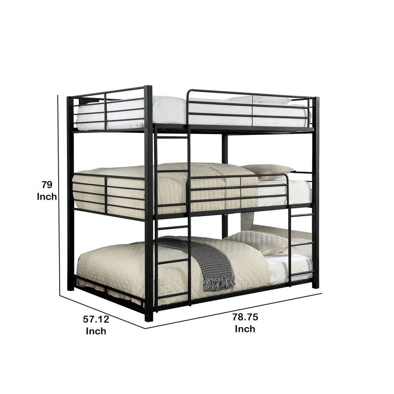 Industrial Style Full Triple Decker Bunk Bed with Ladder, Black-Benzara