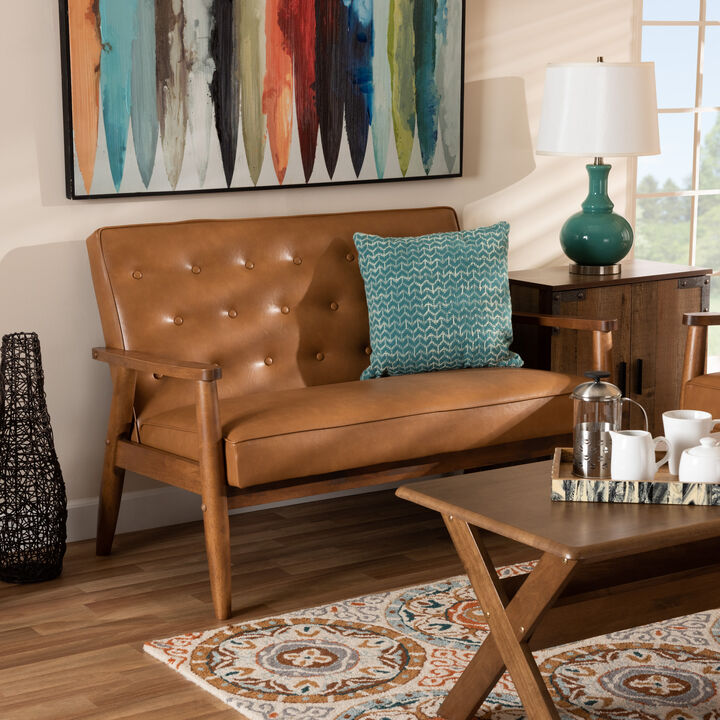 Baxton Studio Sorrento Mid Century Tan Faux Leather Upholstered Wood Loveseat