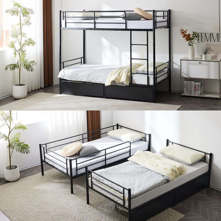 Convertible Metal Bunk Bed with 2 Storage Drawers, Separates into Two Daybeds