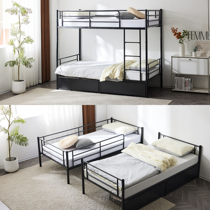 Convertible Metal Bunk Bed with 2 Storage Drawers, Separates into Two Daybeds