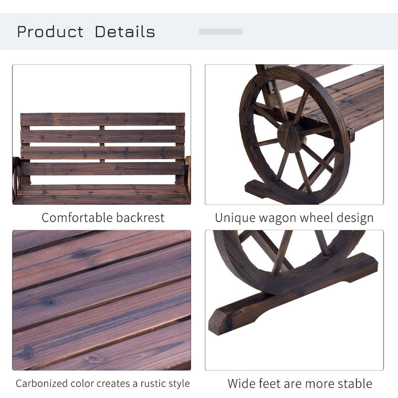 Rustic Outdoor Seating: 2-Person Carbonized Wagon Wheel Bench with Backrest