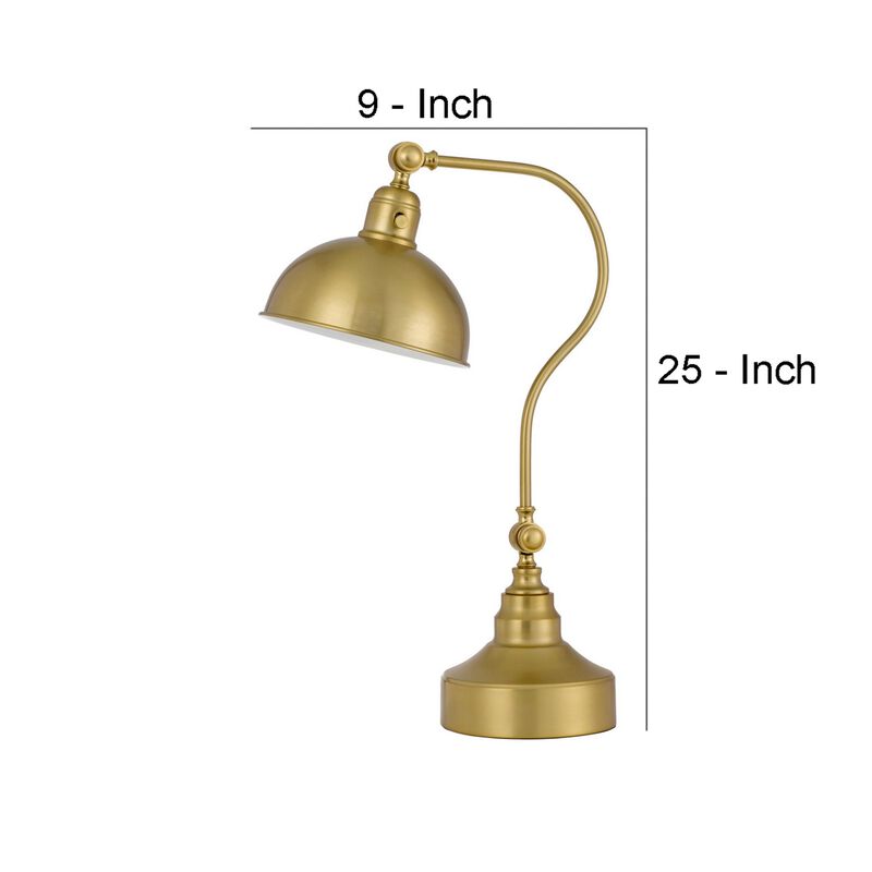 25 Inch Metal Curved Desk Lamp, Adjustable Dome Shade, Brass-Benzara