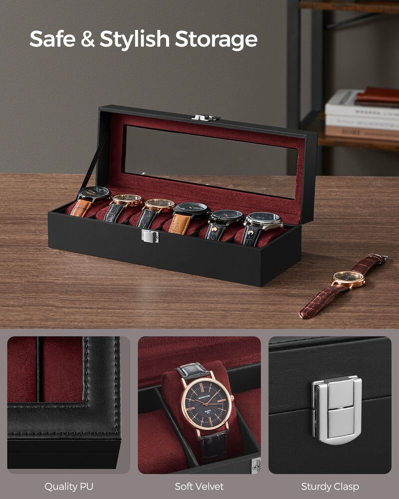 6-Slot Watch Box Men's Case with Glass Top, Lockable Display Organizer