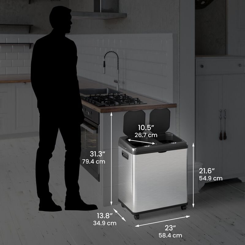 iTouchless 16 Gallon Dual-Compartment Stainless Steel Sensor Recycle Bin/Trash Can with Black Lid