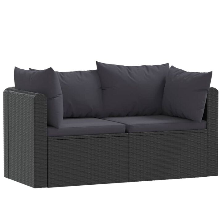 2pc Outdoor Modular Loveseat Set, Black Cushions, Poly Rattan, Steel - Benzara