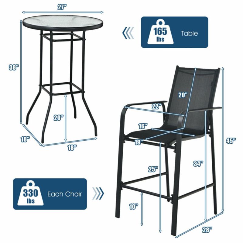 Hivvago 3 Pieces Outdoor Patio Bar Table Stool Set