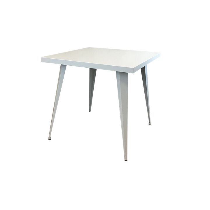 Oran 32 Inch Dining Table, Square Metal Top, Tapered Legs, White Finish - Benzara