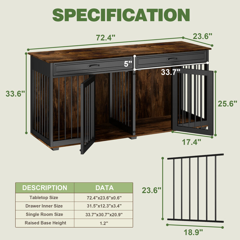 Furniture Style Dog Crates, Large Wooden Pet Kennels with Drawers and Divider, Heavy Duty Dog Cage, Black and Tiger Skin