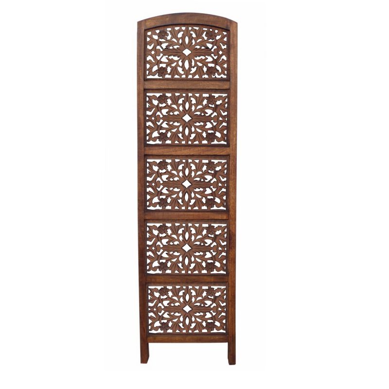 The Urban Port Handmade Foldable 4 Panel Wooden Partition Screen Room Divider, Brown-Benzara