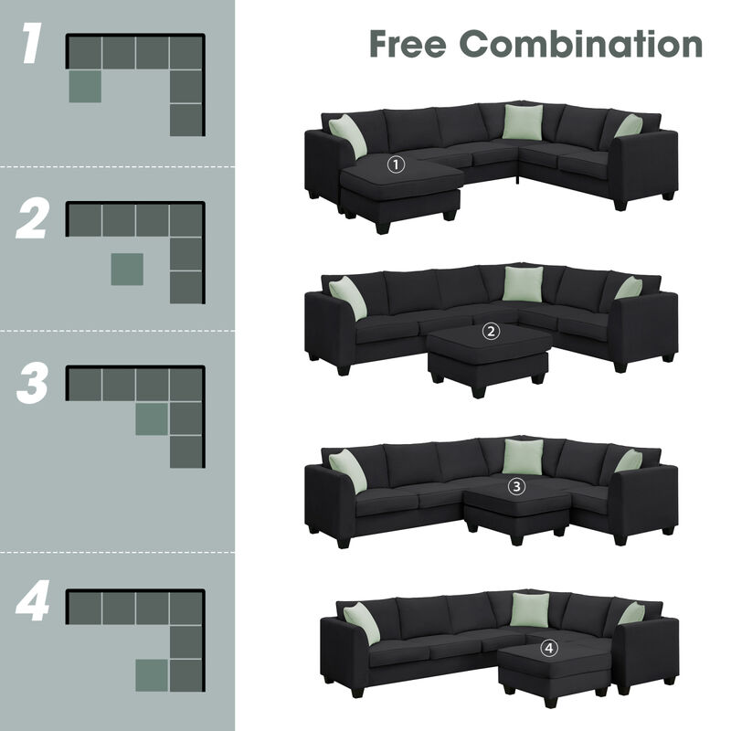 7-Seat L-Shape Modular Sectional Sofa Set with Ottoman