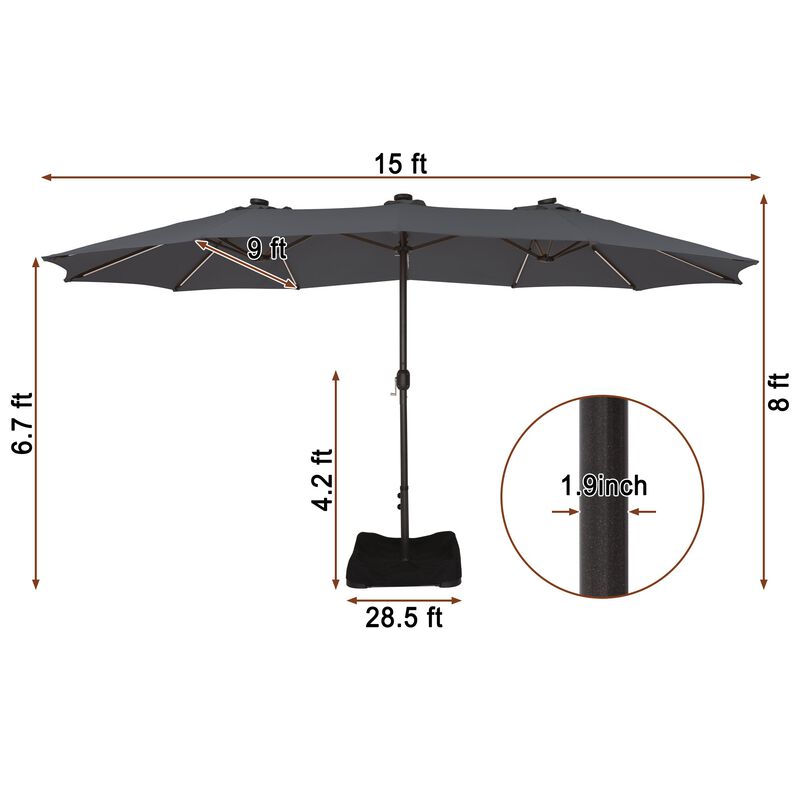 Mondawe 15 ft. Large Double-Sided Outdoor Twin Umbrella With Light Strip,Patio Market Umbrella with Crank and Base