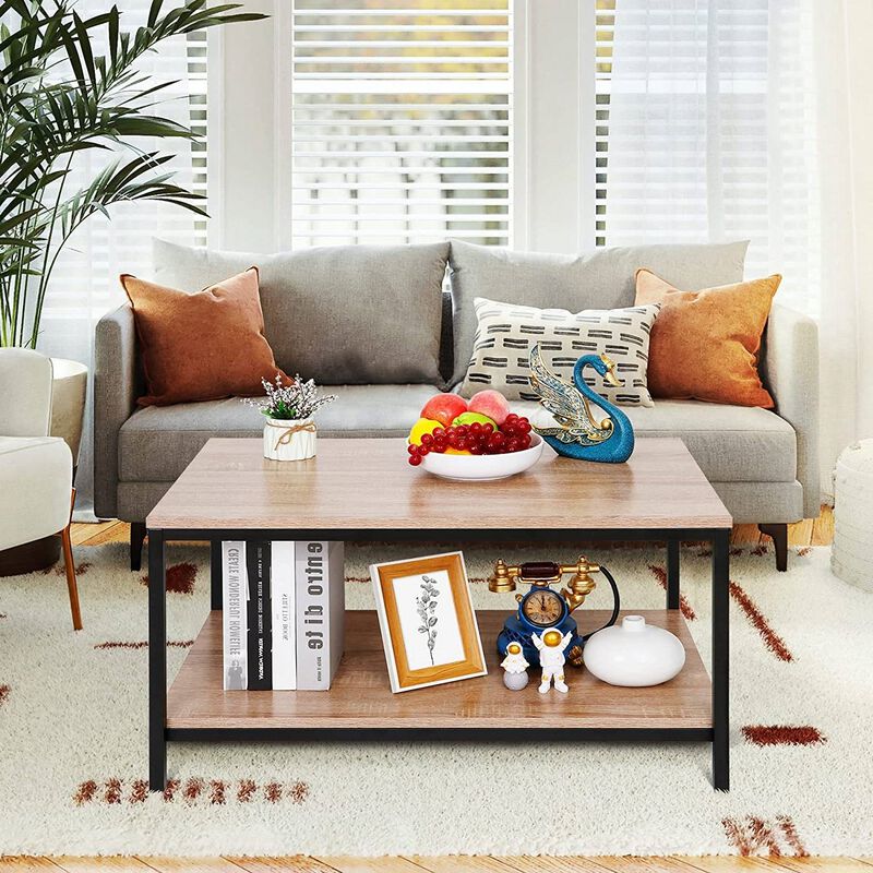 Hivvago Modern 2-Tier Metal Wooden Coffee Table in Natural Wood Finish
