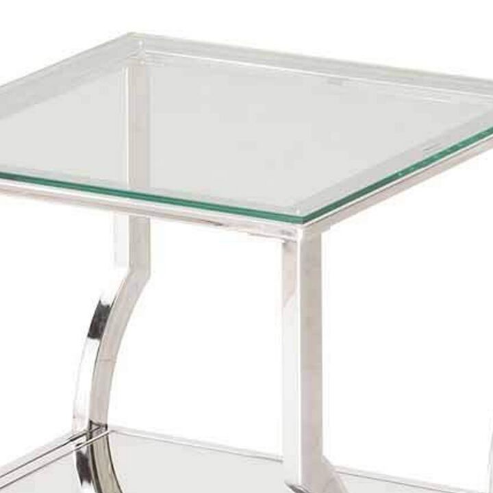 Glass Top End Table with Mirrored Bottom Shelf, Clear and Silver-Benzara
