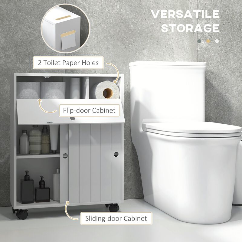 White Toilet Paper Cabinet: Slim, 4 Wheels, Sliding Doors