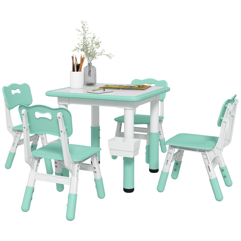 Qaba Kids Table and Chair Set, Height Adjustable 5 Piece Toddler Table and Chair Set with Storage Box, Easy to Wipe Activity Table with 4 Chairs for Ages 18 Months-5 Years, Pink