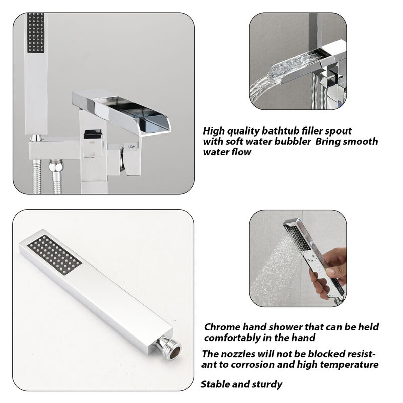Bathroom Freestanding Waterfall Tub Filler Matte Black Floor Mount Faucet With Hand Shower