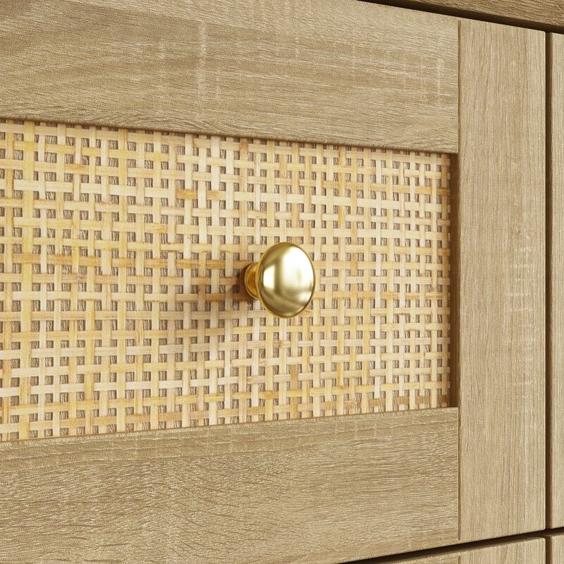 FUFU&GAGA Modern Rattan Dresser with 8 Drawers, PB Board with Gold Accents (55.1" W x 40" H x 13.9" D), Oak