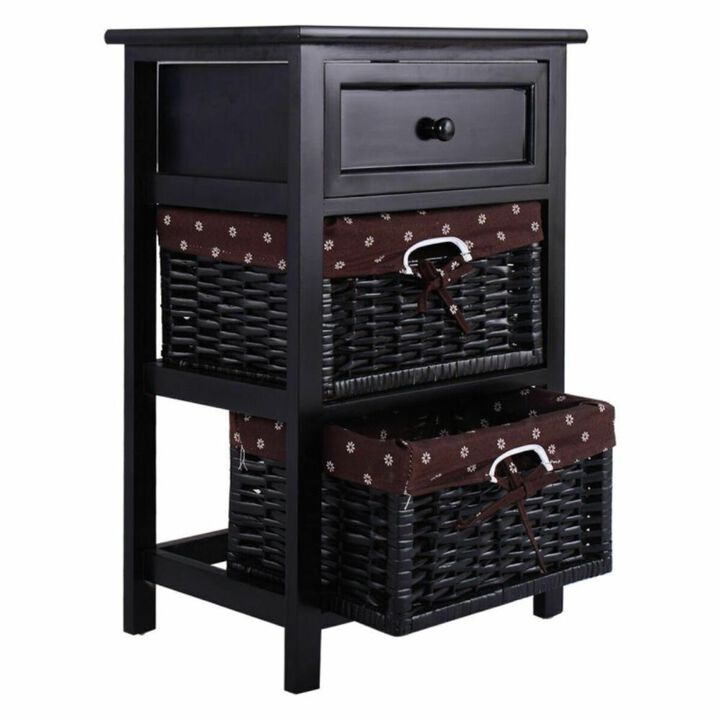Hivvago 3 Tiers Wooden Storage Nightstand with 2 Baskets and 1 Drawer-black