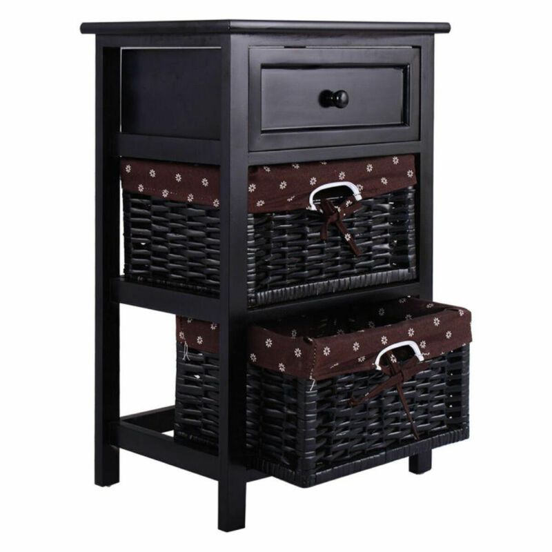 Hivvago 3 Tiers Wooden Storage Nightstand with 2 Baskets and 1 Drawer-black