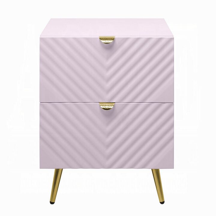 Tyra Nightstand, Geometric 2 Drawers, Gold Metal, 25 Inch Pink Wood - Benzara