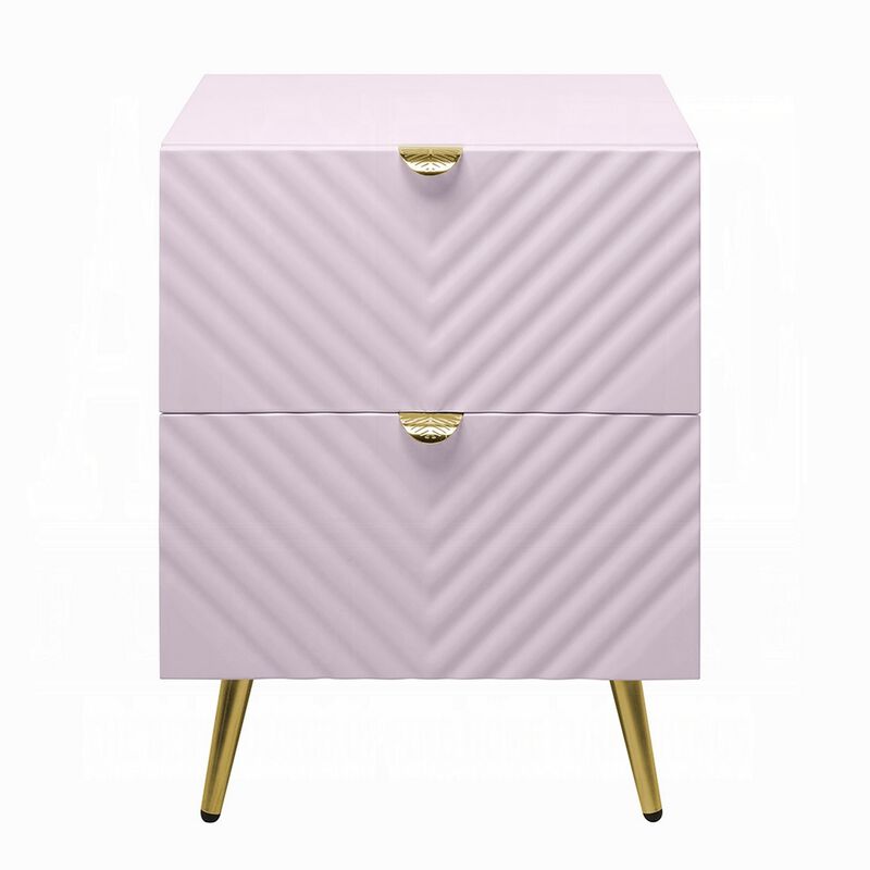Tyra Nightstand, Geometric 2 Drawers, Gold Metal, 25 Inch Pink Wood - Benzara