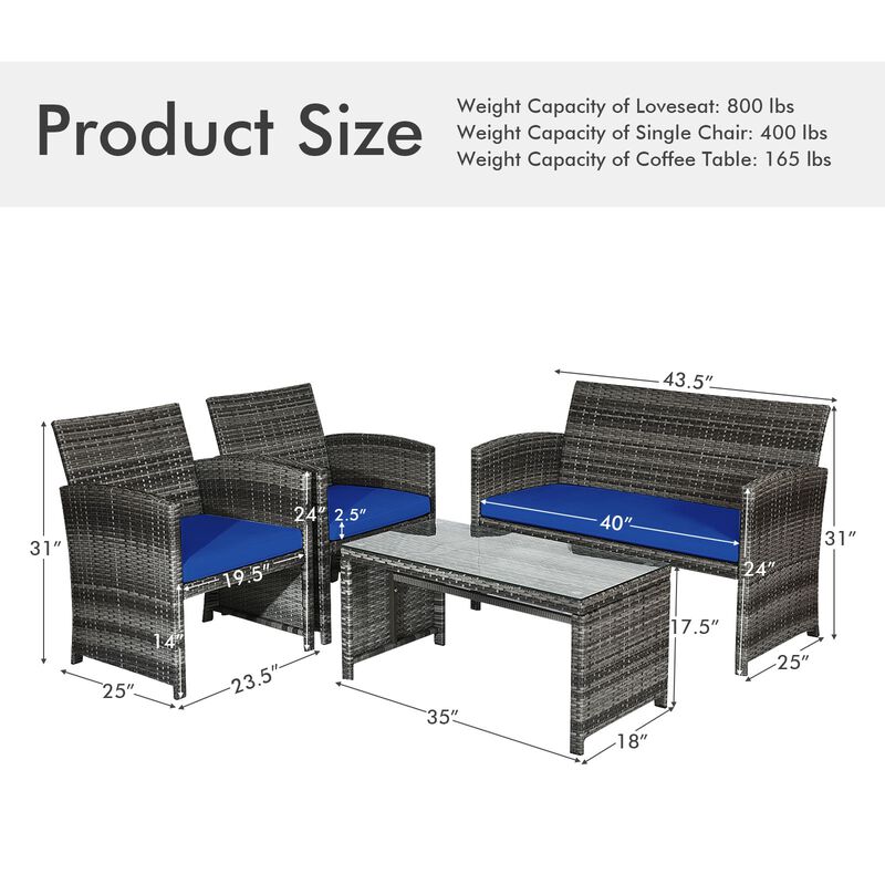 4 Pcs Patio Rattan Furniture Set Top Sofa With Glass Table