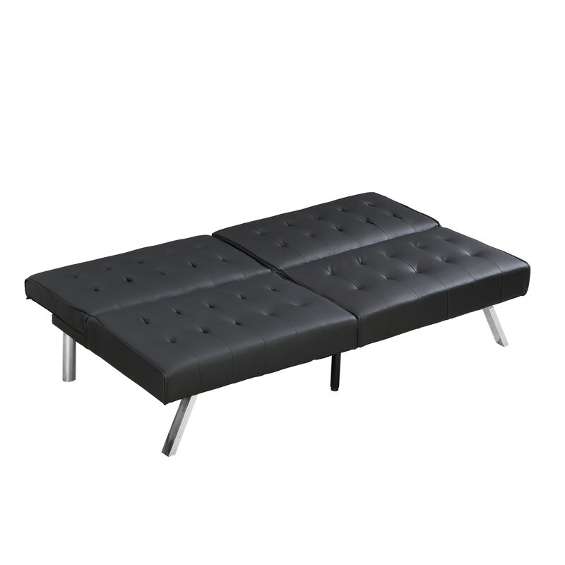 Wood Frame, Stainless Leg, Futon, Sofa Bed Black PVC