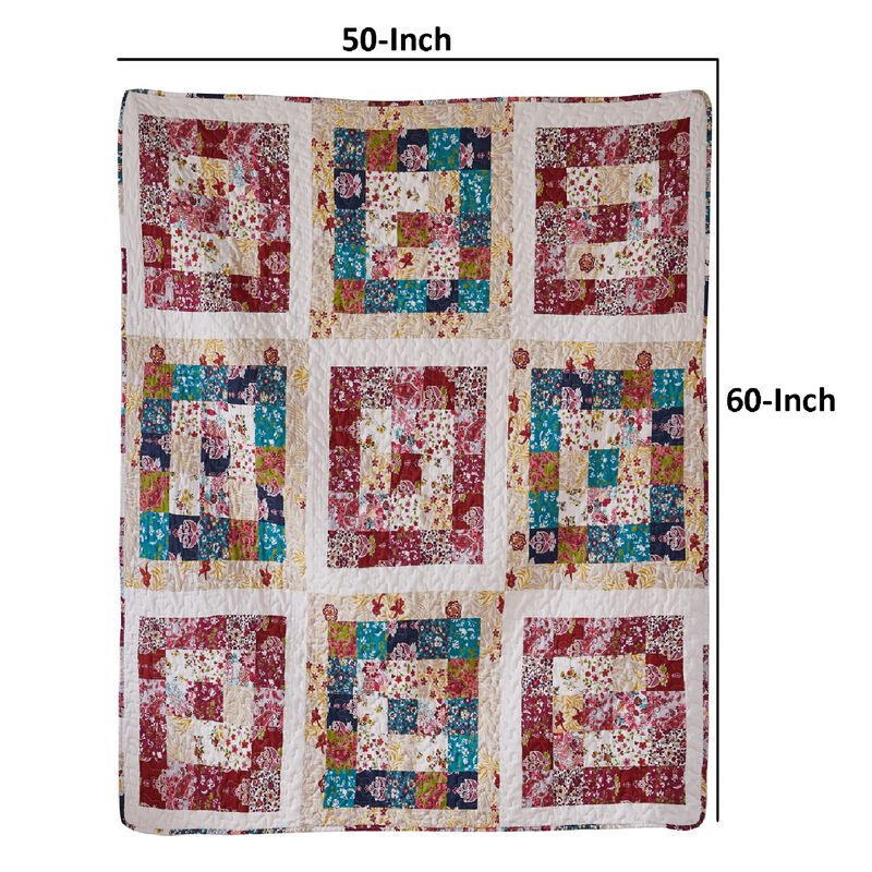 Zay 60 Inch Throw Blanket, Patchwork Floral Print, Teal Blue Microfiber-Benzara