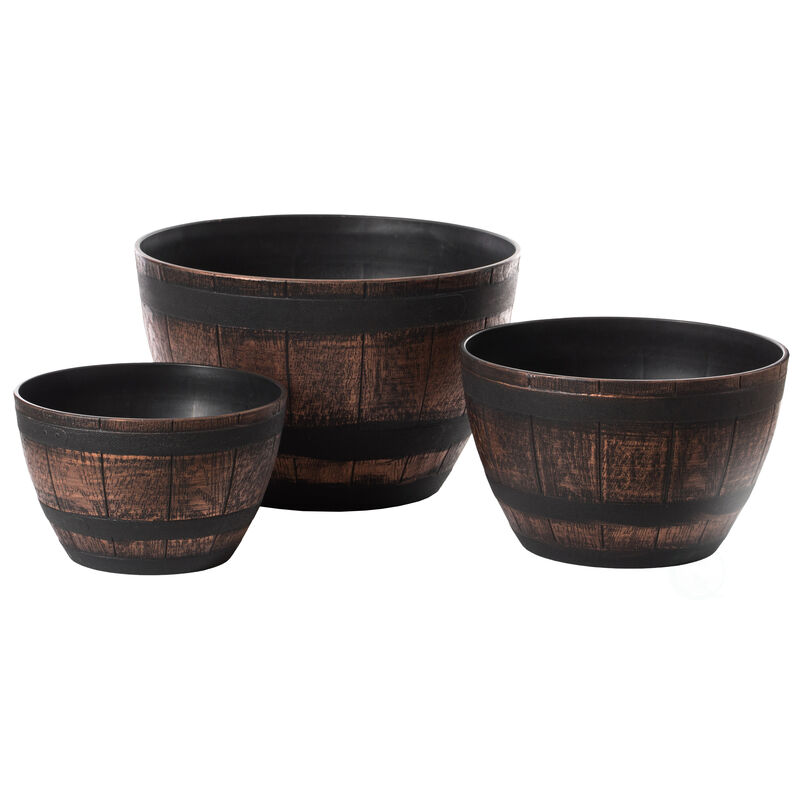 Brown Outdoor Rustic Half Barrel Flower Garden Planter Bowl, Plastic, Medium