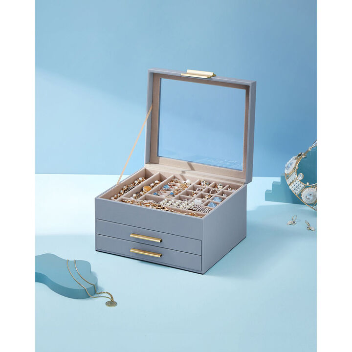 3-Layer Jewelry Box with Glass Lid and 2 Drawers - Perfect Gift for Loved Ones