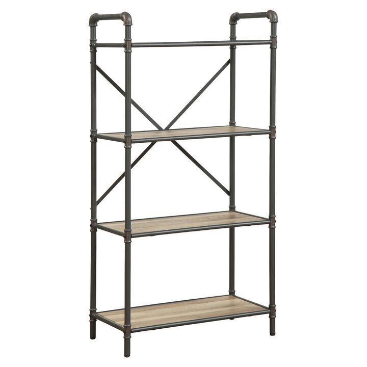 Three Tier Metal Bookshelf With Wooden Shelves, Oak Brown & Gray-Benzara