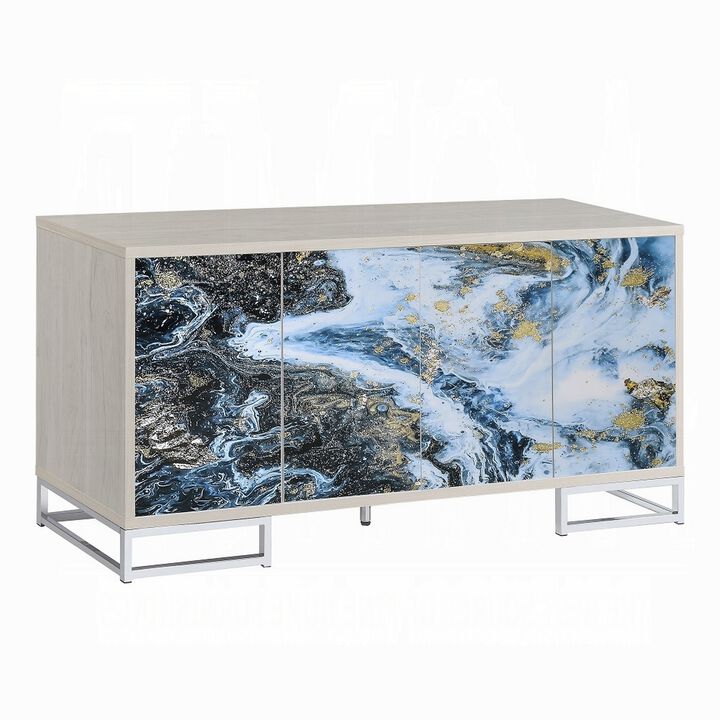 Sideboard Console Cabinet, 4 Door, 65 Inch Blue Marble Paint, White - Benzara